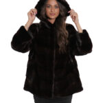 Giacca mogano lavorazione a v 54 pelliccia visone con cappuccio manica 3/4