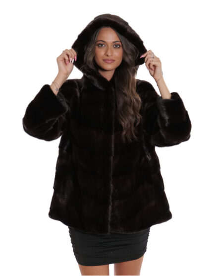 Giacca mogano lavorazione a v 54 pelliccia visone con cappuccio manica 3/4