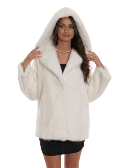 Giacca pelliccia visone bianco 44 pelle intera cappuccio con collo manica lunga