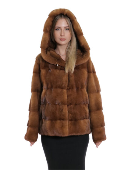 Giacca gold visone pelliccia 48 coulisse vita e cappuccio manica tre quarti cappuccio tasche esterne