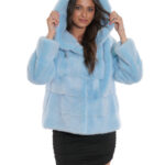 Giacca acquamarina visone pelliccia 44 coulisse vita e cappuccio manica tre quarti cappuccio tasche esterne