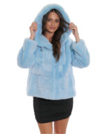 Giacca acquamarina visone pelliccia 44 coulisse vita e cappuccio manica tre quarti cappuccio tasche esterne