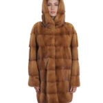 Damen 48 gold gold langer Mantel mit horizontalem Nerzfell 80 cm lang