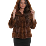 Giacca cappuccio gold scuro visone pelliccia 44 coulisse vita e cappuccio manica tre quarti tasche esterne