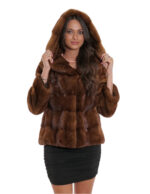 Giacca cappuccio gold scuro visone pelliccia 44 coulisse vita e cappuccio manica tre quarti tasche esterne