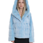 Giacca cappuccio azzurro acquamarina visone pelliccia 44 fodera argento coulisse vita e cappuccio manica tre quarti
