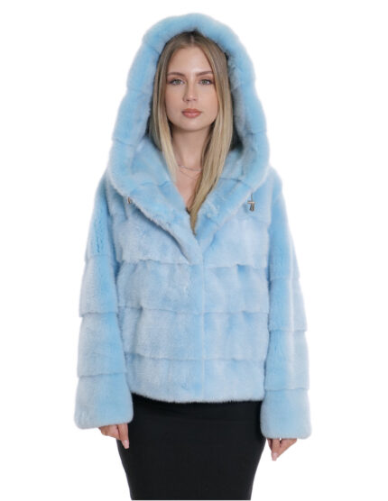 Giacca cappuccio azzurro acquamarina visone pelliccia 44 fodera argento coulisse vita e cappuccio manica tre quarti