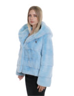 Aquamarinblauer Pelz Nerz Kapuzenjacke 44 Silber Futter Kordelzug Taille und Kapuze Dreiviertelärmel – Bild 3