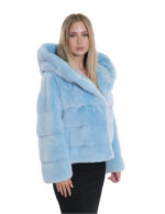 Aquamarinblauer Pelz Nerz Kapuzenjacke 44 Silber Futter Kordelzug Taille und Kapuze Dreiviertelärmel – Bild 4