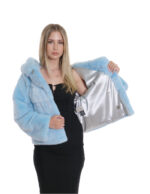 Aquamarinblauer Pelz Nerz Kapuzenjacke 44 Silber Futter Kordelzug Taille und Kapuze Dreiviertelärmel – Bild 7