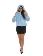 Light blue hooded jacket aquamarine mink fur 44 lining silver drawstring waist and hood three-quarter sleeve - Image 5