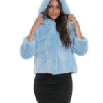 Giacca cappuccio celeste acquamarina visone pelliccia 44 fodera argento coulisse vita e cappuccio manica tre quarti