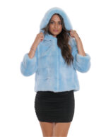 Giacca cappuccio celeste acquamarina visone pelliccia 44 fodera argento coulisse vita e cappuccio manica tre quarti