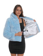 Light blue hooded jacket aquamarine mink fur 44 lining silver drawstring waist and hood three-quarter sleeve - Image 7