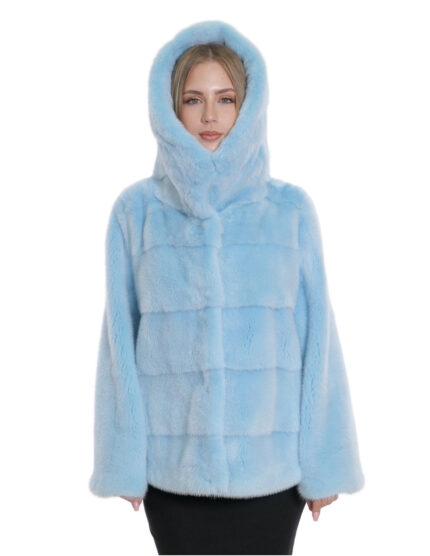 Giacche azzurro acquamarina orizzontale 44 maniche pelle intera fodera argento cappuccio visone pelliccia