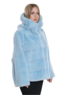 Aquamarine blue horizontal jackets 44 sleeves full leather lining silver hood mink fur - Image 4
