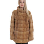 Redglow beige pelliccia visone tasche boccale 50 orizzontale collo coreana lungo 72 cm donna