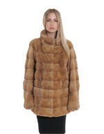 Redglow beige pelliccia visone tasche boccale 50 orizzontale collo coreana lungo 72 cm donna