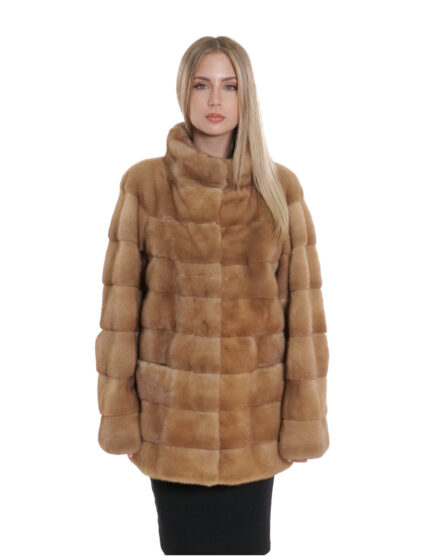 Redglow beige pelliccia visone tasche boccale 50 orizzontale collo coreana lungo 72 cm donna