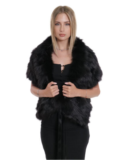 Stola nero volpe filettata grande con fodera velluto e nastri di chiusura
