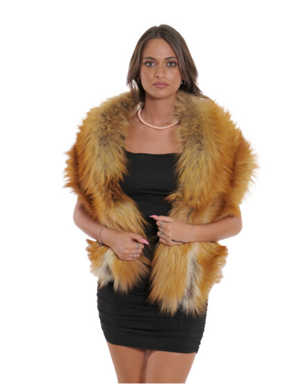 Stola grande in volpe naturale pelo lungo lunga 138 cm fodera oro brillantinato