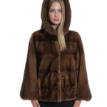 Giacche 44 maniche pelle intera gold scuro orizzontale cappuccio visone pelliccia coulisse