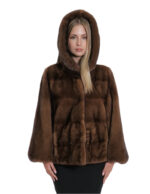 Giacche 44 maniche pelle intera gold scuro orizzontale cappuccio visone pelliccia coulisse