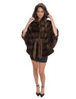 Demi buff mink cape 48/54 with horizontal full-leather knitting with hood and waist belt - Image 5