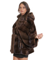 Demi buff mink cape 48/54 with horizontal full-leather knitting with hood and waist belt - Image 3