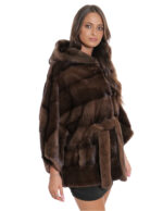 Demi buff mink cape 48/54 with horizontal full-leather knitting with hood and waist belt - Image 4
