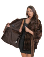 Demi buff mink cape 48/54 with horizontal full-leather knitting with hood and waist belt - Image 7