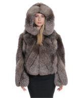 Giacca pelliccia di volpe trasversale 42 manica lunga e cappuccio argentata chiusura zip