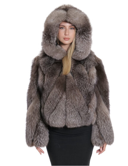 Giacca pelliccia di volpe trasversale 42 manica lunga e cappuccio argentata chiusura zip