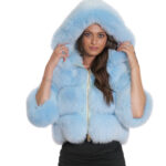Giacca pelliccia volpe 40 azzurro lunga 50 cm con manica tre quarti e cappuccio con pelliccia interna