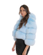 Fuchsfelljacke 40 hellblau 50 cm lang mit Dreiviertelärmeln und Kapuze mit Innenfell – Bild 3