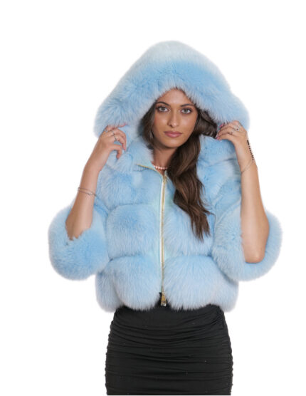 Giacca pelliccia volpe 46 azzurro lunga 50 cm con manica tre quarti e cappuccio con pelliccia interna