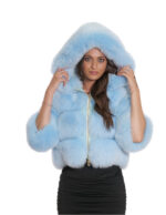 Giacca pelliccia volpe 44 azzurro lunga 50 cm con manica tre quarti e cappuccio con pelliccia interna