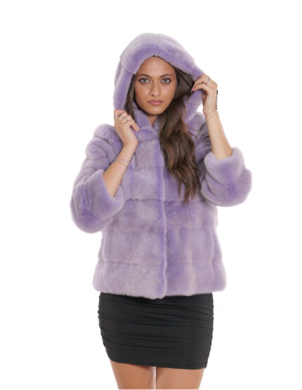 Giacca cappuccio lavanda sfumato visone pelliccia 44 coulisse vita e cappuccio manica lunga
