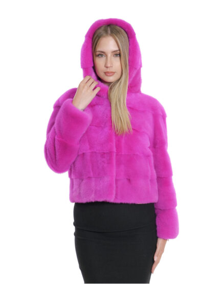Giacca cappuccio fucsia acceso visone pelliccia 40 manica tre quarti chiusura ganci