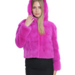 Giacca cappuccio fucsia acceso visone pelliccia 42 manica tre quarti chiusura ganci