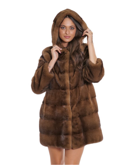 Cappotto gold scuro visone pelliccia 48 sfumato 80 cm manica lunga cappuccio foderato pelliccia