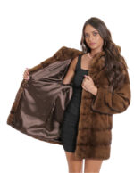 Dark gold mink fur coat 48 gradient 80 cm long sleeve fur lined hood - Image 7