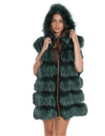 Gilet volpe con cappuccio 60 pelliccia con pelle nero scamosciata zip oro a chiusura e sui lati
