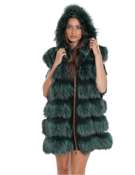 Gilet volpe con cappuccio 60 pelliccia con pelle nero scamosciata zip oro a chiusura e sui lati