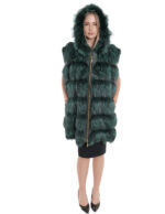 Gilet volpe con cappuccio 62 pelliccia con pelle verde lucida zip oro a chiusura e sui lati