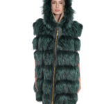 Gilet volpe con cappuccio 62 pelliccia con pelle verde lucida zip oro a chiusura e sui lati
