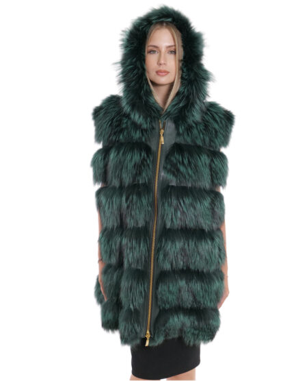 Gilet volpe con cappuccio 62 pelliccia con pelle verde lucida zip oro a chiusura e sui lati