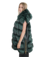 Gilet volpe con cappuccio 62 pelliccia con pelle verde lucida zip oro a chiusura e sui lati