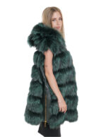 Gilet volpe con cappuccio 62 pelliccia con pelle verde lucida zip oro a chiusura e sui lati