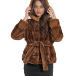 Giacca con cintura esterna pelliccia gold 44 manica lunga orizzontale cappuccio donna